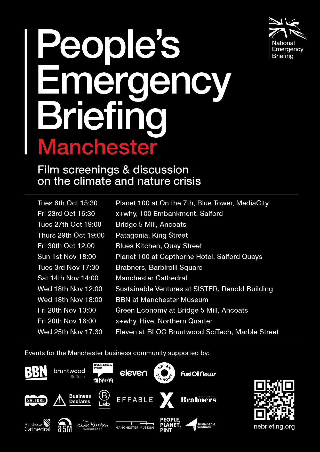 PEB manchester screenings listing poster Peoples Emergency Briefing manchester screenings listing poster
